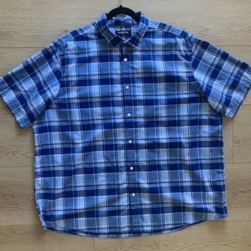 Claiborne Mens 2XLT Blue Plaid Stretch Short Sleeve Button Down 100% Cotton